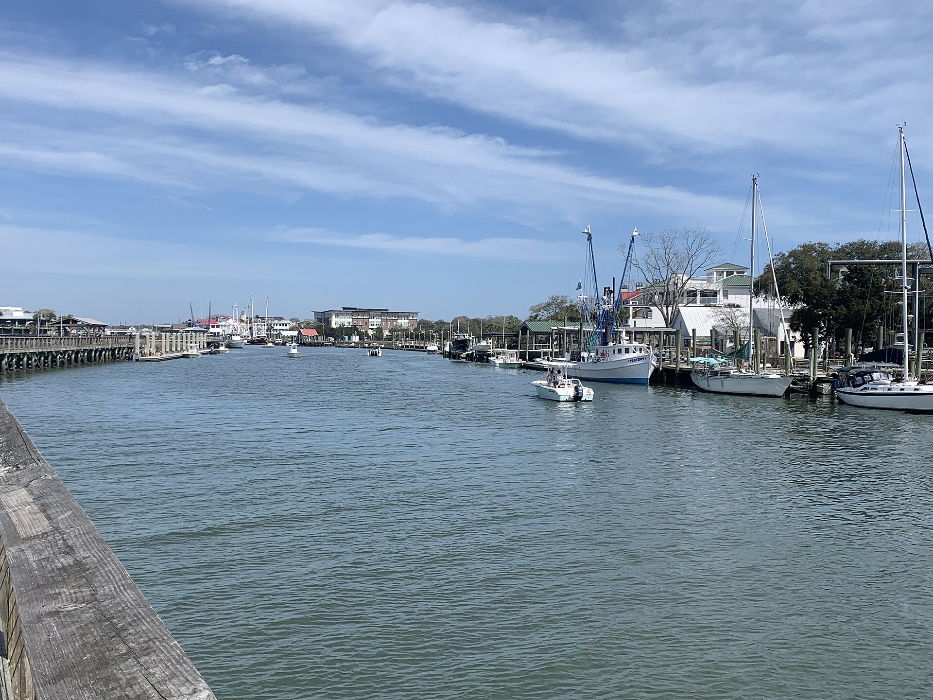 Shrimp boats tied along Shem Creek in Mount Pleasant, South Carolina